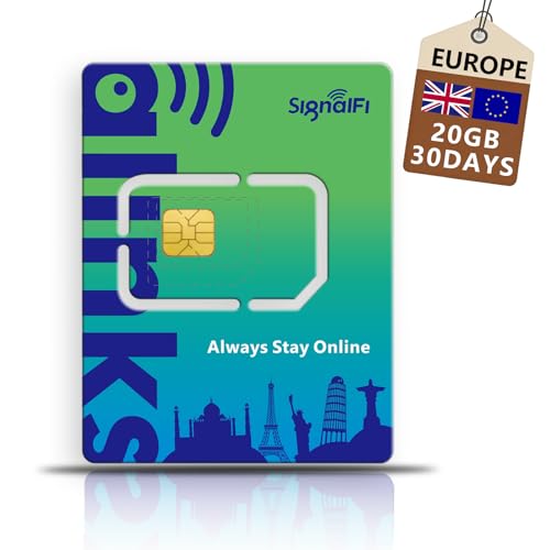 Europe SIM Card 20GB 30 Days Data Only Prepaid Mobile SIM Card 4G LTE High-Speed Data Plug and Play No Activation Required | No Contract | 3-in-1 SIM Card (UK Germany France Italy Spain)