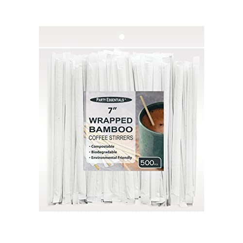 Party Essentials Bamboo Coffee Stirrers/Beverage Stir Sticks 7 Individually Wrapped 500-Count Natural