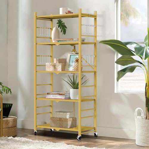 Image of Himix 5-Tier Foldable Storage Shelves with 20 Hooks Wheels Bookshelf Gold