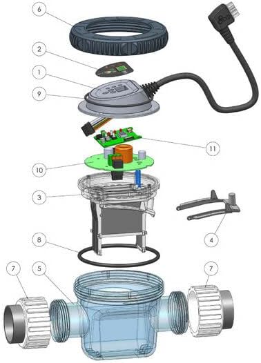 Exploded view diagram of the CCEI Zelia ZLT Electrolyser cell showing individual components like the cell body, electrodes, and connection points.