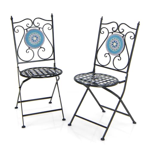 GYMAX Set di 2 Sedie da Giardino Pieghevoli, Sedie Mosaico con Schienale, Struttura in Metallo, Aspetto Moderno per Balcone, Patio, 55 x 42 x 94 cm (Stile 2)