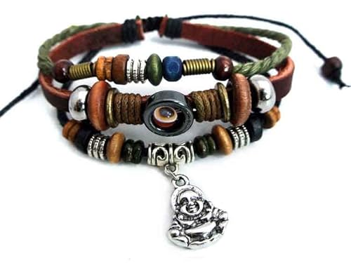Agathe creation - Bracelet tibetain Porte Bonheur - Pendentif Bouddha Rieur en Argent tibétain - Cuir, Chanvre et Perles de Bois et métal - Multicolor - Fait Main Cover