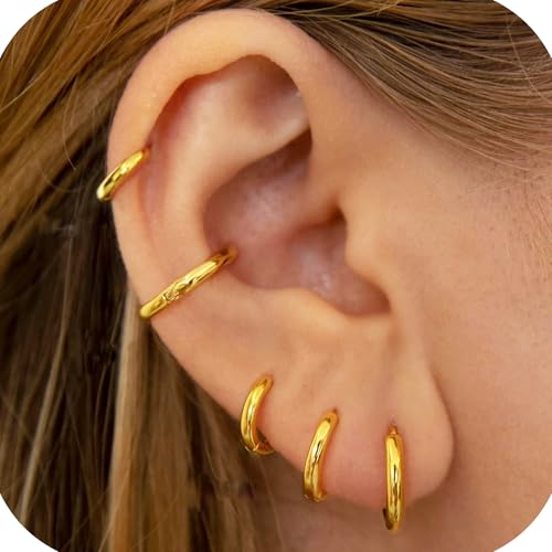 6 Pairs Small Gold Huggie Hoop Earrings Set for Women, 18K Gold Plated, Hypoallergenic, Lightweight, Tiny Hoops for Sensitive Ears, Multiple Piercing, Cartilage, Helix, Tragus Jewelry