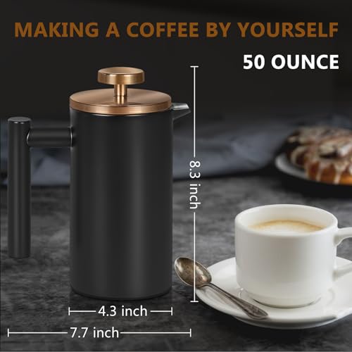 Image of Black Large French Press Coffee Maker 50oz, Double Wall Insulated French Press Stainless Steel,for Coffee&Tea,with 3 Extra Screens and a Coffee Spoon, 50oz /1500ml, Gold