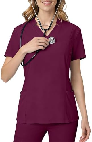 Women Medical Scrub Tops with Notch V Neck Short Sleeve High Elastic Scrubs Classic Lightweight Breathe Nurse Uniform Wine Medium
