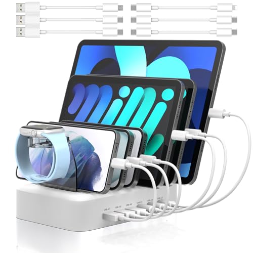 MSTJRY 90W 6-Port USB C Fast Charging Station for Multiple Devices, Multi PD Charger Station for iPhone iPad Tablet Phone, Charging Dock Organizer with Adjustable Dividers for Home Office Cl