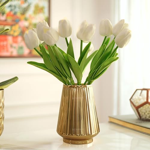 Image of Behoma Metal Golden Ribbed Fluted Column Flower Vase for Home Decor