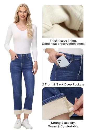 AMRSPENG Women's Fleece Lined Jeans Women Straight Leg Jeans Winter High Waisted Fleece Lined Denim Pants2