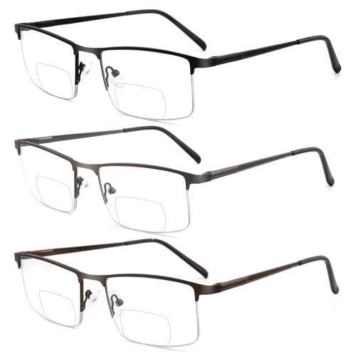 zooxsky 3 Pack Bifocal Reading Glasses for Men,Lightweight Metal Half Frame Clear Top Bi-focal Readers with Spring Hinge+2.50