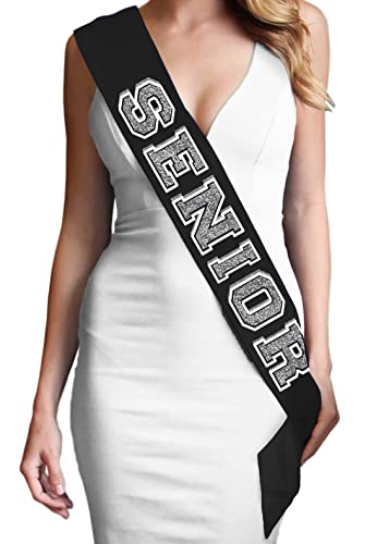 Senior Dark Silver Glitter Black Premium Quality Satin Sash - Senior Night Supplies and Gifts - Black Sash(Senior) Blk