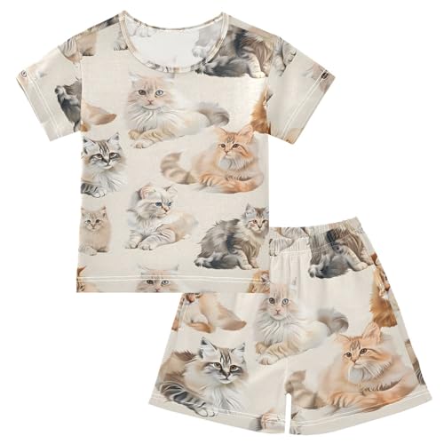 ALAZA Funny Animal Kitten Cat Pajamas Short Sleeve 2 Piece Sleepwear Top and Bottom Pajama Set Unisex