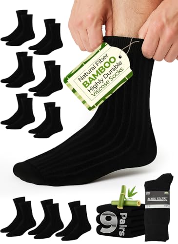 Mark Elliot Black Ribbed Crew Size Bamboo Dress Socks Natural Fiber, Highly Durable, Odor-Free (Size 10-13, Shoe Size 6-12)