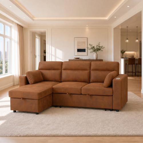 Image of KEIKI 82.5 inch Sleeper L Shaped Sofa with Pull Out Bed,