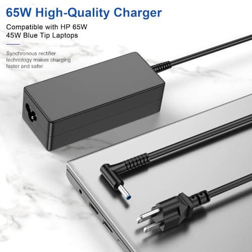 Image of 65W Laptop Charger Replacement for HP Laptop HP EliteBook Envy Pavilion ProBook Stream Chromebook Spectre, Blue Tip 4.5mm 19.5V 3.33A Computer Power Adapter