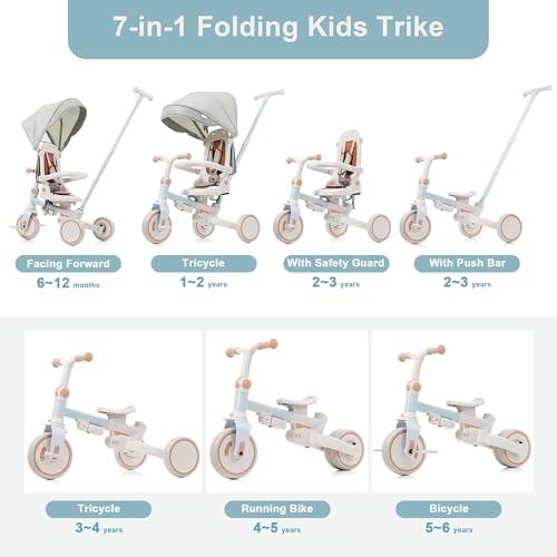 Image of 7 in 1 Baby Tricycle, Foldable Toddler Tricycle with Removable and Adjustable Parent Handle, Toddler Push Bike with Removable Pedal, Canopy, and Guardrail, Tricycle for 12-72 Months (Blue)