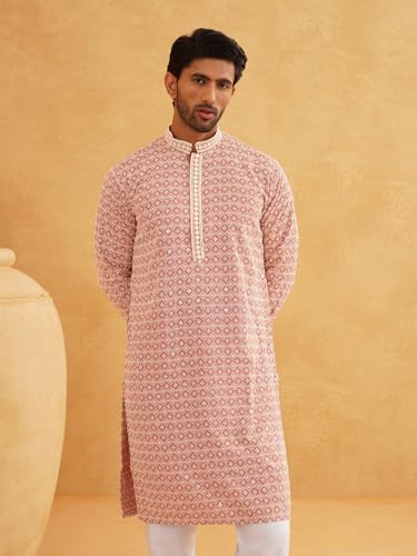 Image of SOJANYA Men's Coffee Brown Cotton Blend Kurta with Intricate Embroidery & Subtle Sequin Work