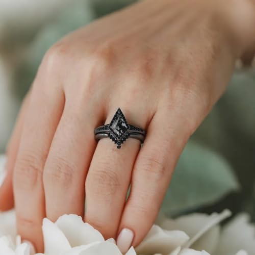 Natural Moss Agate Engagement Black Ring Set for Women Customizable 10K /14K /18K Gold Promise Wedding Stacking Rings Free Engraving Size 4-153