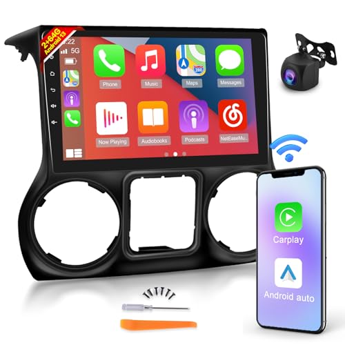 2GB+64GB Android 13 Car Radio for Jeep Wrangler 2015 2016 2017, 10.1 inch Touch Screen Car Play Stereo, Carplay&Android Auto/Wi-Fi/Bluetooth/1080P+AHD Backup Camera+MIC