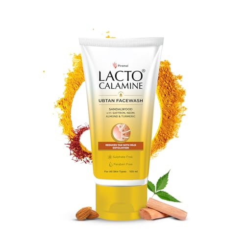 Lacto Calamine Ubtan Face Wash for Glowing Skin | Natural Face Wash with Sandalwood, Saffron, Neem, Almond & Turmeric | Exfoliating Facewash reduces Tan | Sulphate, Paraben Free | 100 ml Pack of 1