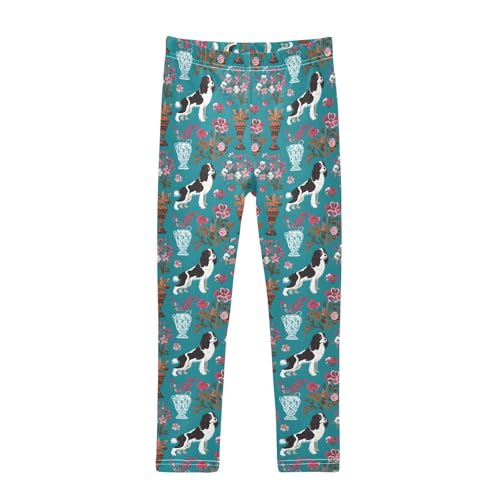 Vintage Floral Dog Girls Leggings Ultra Soft Compression Yoga Gym Pants for Kids 4-10T