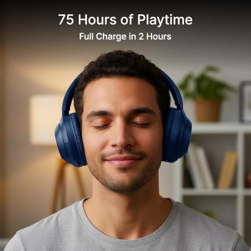Image of pTron Studio Classic w / 75Hrs Playtime, Wireless Over Ear Headphones w /HD Mic, Dual Device Pairing, TruTalk AI-ENC Calls, Low-Latency Game & Music, Deep Bass, BT5.4 & Type-C Charging (Blue)