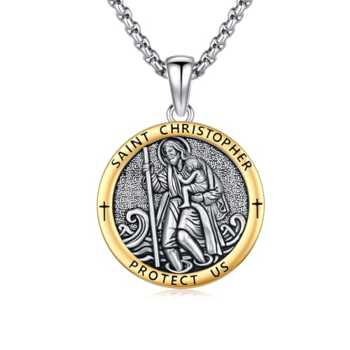 Hagkew 925 Sterling Silver St Christopher Pendant for Men Women Gold