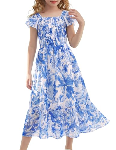 GRACE KARIN Vestidos florales para niñas, una línea de volantes mangas vestido de verano vestido de playa, vestido de princesa para niñas vestido de noche de baile, Follaje azul, 15-16 años