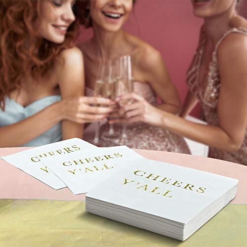 Gold Cocktail Napkins - Cheers Y'all Party Napkins, Wedding Napkins, 3-Ply Disposable Paper Napkins For Wedding Reception, Engagement Party, Bridal Shower, Birthday - Gold Napkins By Sunshine Supply #TOP3