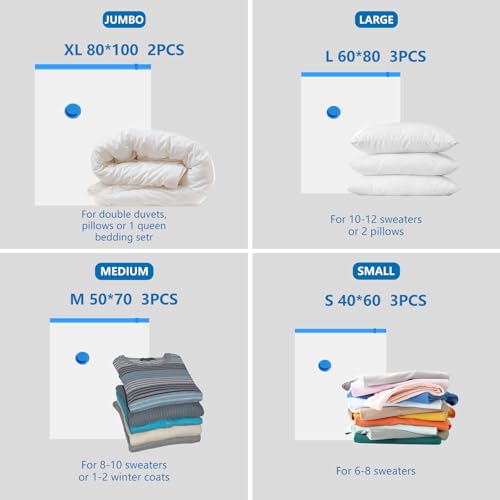 Bolsas de Vacío Ropa con Bomba Eléctrica Portátil, 11 Bolsas de Almacenaje al Vacio (2 extragrandes, 3 grandes, 3 medianas y 3 pequeñas), Reutilizables Sacos Vacuo Para Guardar, Mantas y Edredones