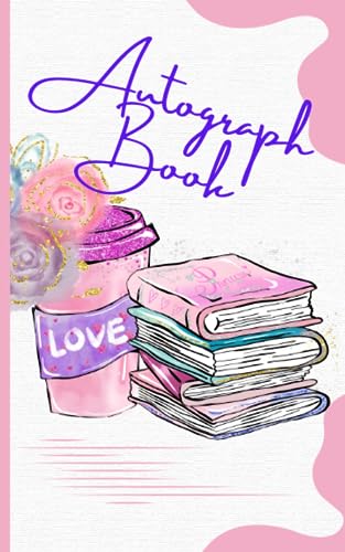 Autograph Book: Pink coffee cup and stack of books