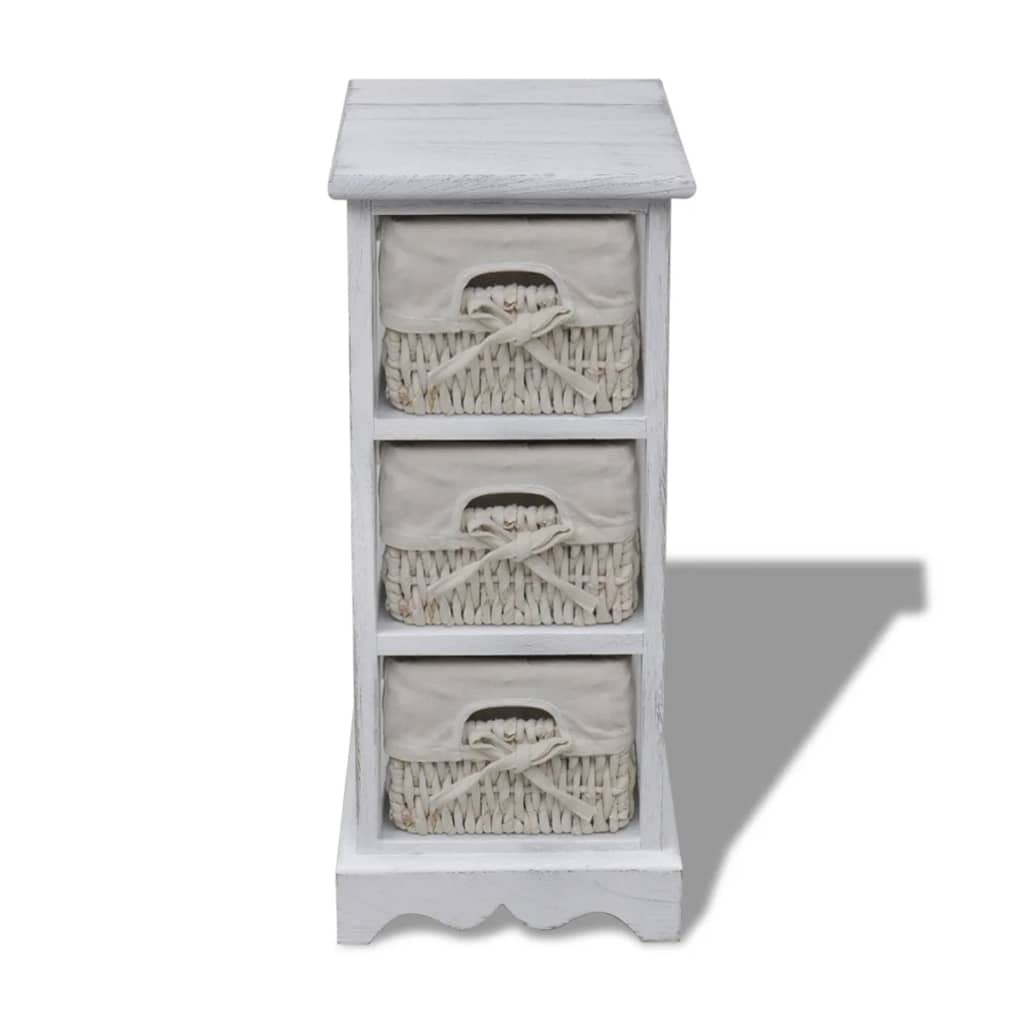 Armario de madera con 3 cestas trenzadas en color blanco, estantería de madera resistente con cestas de almacenamiento y decoración de la habitación de estilo rústico