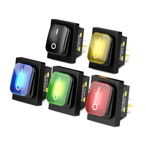KCD4 30A Toggle Switch IP65 Waterproof Rocker Switch 110v 220v LED on Off DPST Snap-in Mount for Automotive, Marine, RV, Outdoor Equipment &amp; Industrial Control Panels(5PCS 110-220V Multicolored)