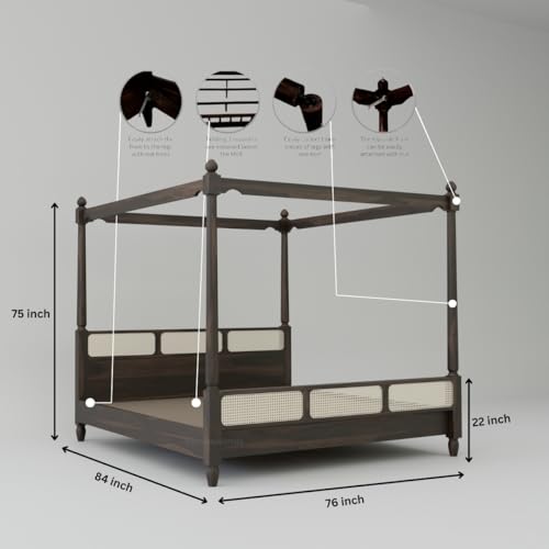Image of King Size Four Poster Bed Sheesham Wood, Wooden Double Bed Cot, Solid Wood Bed Furniture for Bedroom (Rattan-Walnut-King) 1 Year Warrenty