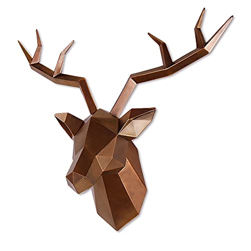 Keygift Deer Head Wall Decor Geometrical Antique Copper Deer Antlers Wall Sculpture Faux Taxidermy Resin Wall Animal Head 19x7x17 Inches