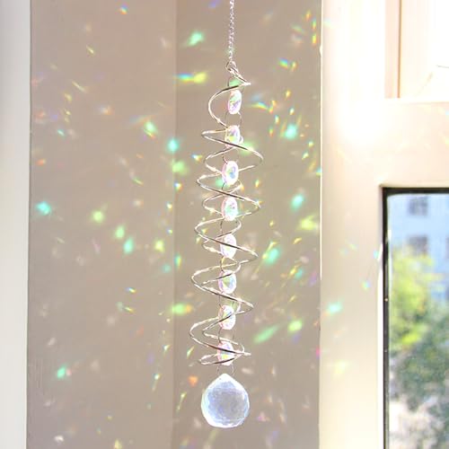 Atrapasoles de Cristal 45 cm con Espiral Doble - Móvil de Viento Decorativo con Cuentas de Chakra - Decoración Arcoíris para Ventana, Jardín, Balcón, Bodas - Uso Interior/Exterior (B)