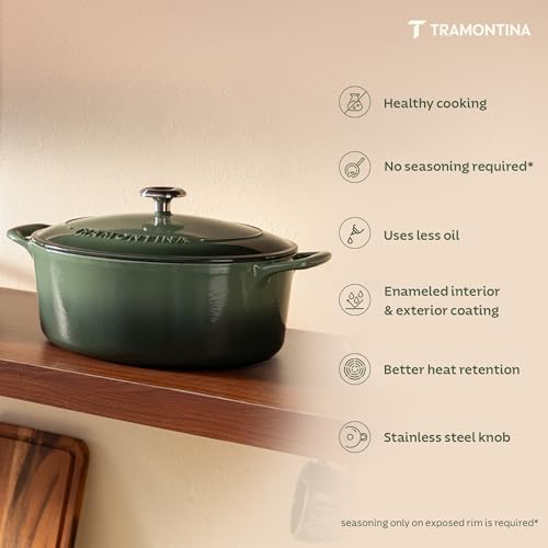 Image of TRAMONTINA Bestow Oval Dutch Oven 6.6L with Lid | Enameled Cast Iron Casserole Pot & Biryani Pot | Even Heat Retention | Low Oil Healthy Cooking | No Seasoning Required | All Cooktops Compatible | Green