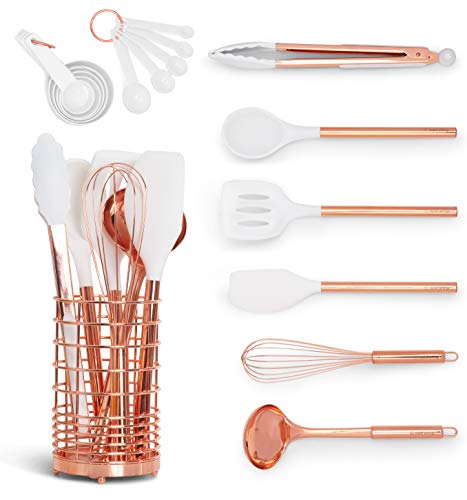 White and Rose Gold Cooking Utensils Set with Holder - 17-Piece Kitchen Utensil Set with Holder Includes White and Copper Measuring Cups and Spoons & Copper Utensil Holder