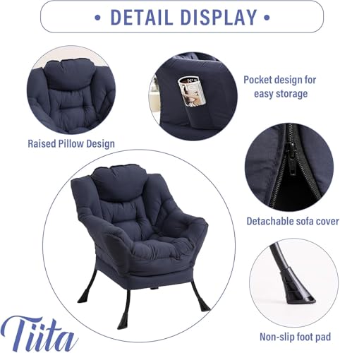 Image of Tiita Modern Large Accent Chair with Ottoman, Navy, Comfy Leisure Sofa Armchair with Ottoman, Reading Chair with Footrest for Bedroom, Living Room, Dorm Rooms