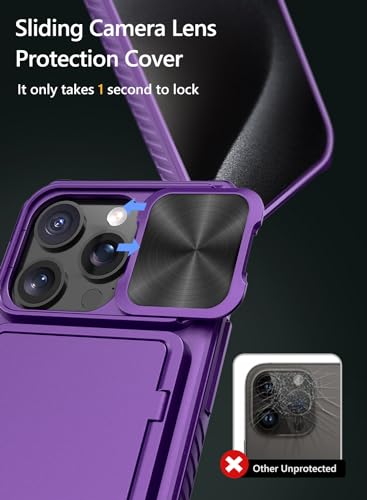 Image of Vihibii for iPhone 15 Pro Case with Card Holder (4 Cards) & Slide Camera Cover & Kickstand, Shockproof Rugged Hard Back & TPU Soft Edge Wallet Back Cover for iPhone 15 Pro 5G 6.1 inch 2023, Dark Purple