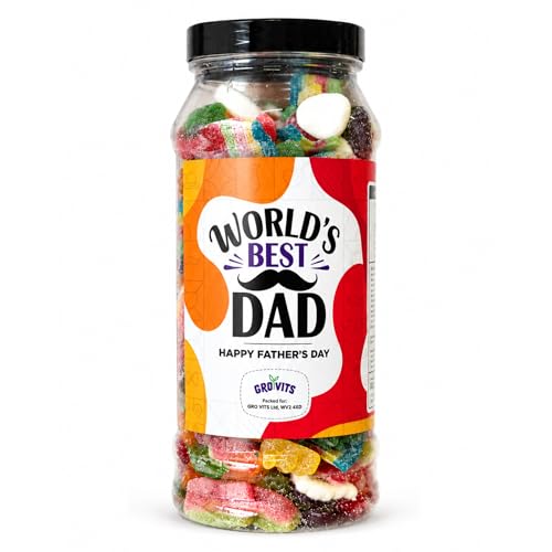 GRO VITS - Worlds Best Dad Sweet Jar - Fathers Day Sweets Gift Retro Sweets Selection Variety Assortment Candy Happy Fathers Day Jar Gift for Dad Sweet Treat Pick & Mix Sweets Gifts - 635g