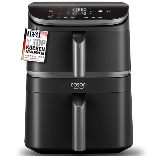 COSORI Airfryer, Hei&szlig;luftfritteuse 2 Kammern, 10,8 L Heissluftfritteuse, Innovative Mehrfach-Luftgeschwindigkeit, Spart 41 Prozent Platz, Inklusive Rezeptbuch und Edelstahl-Rost, Silbergrau