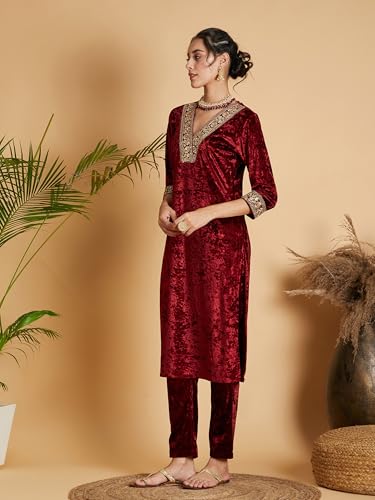 Image of Women's Velvet Floral Embroidered Straight Kurta | Round Neck Three-Quarter Sleeve Calf Length Kurti with Thread Work