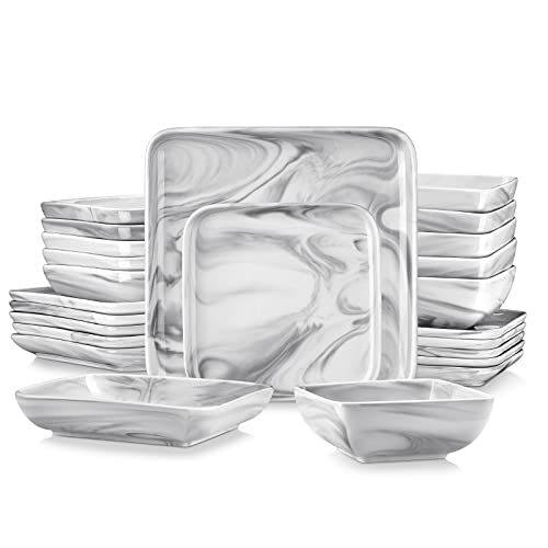 MALACASA Square Dinnerware Sets, 24Piece Marble Grey Plates and Bowls