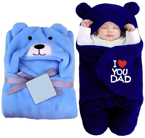 Image of Swissberry Baby Bedding Sets, Blankets Newborn Pack of Hooded Wrapper, Swaddler for Baby Boys and Girls, 0-6 Months, L 80 cm x B 80 cm, Pack of 2 pcs (Blue Dog & Navyblue Dad)
