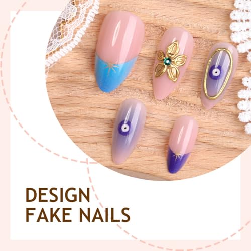 Image of Evil Eye Press on Nails Blue French Tip Fake Nails with Gold Design Flower Snake Glue on Nail Medium Almond Glossy Full Cover Ombre Stick on Nail for Women Girls Manicure 24Pcs