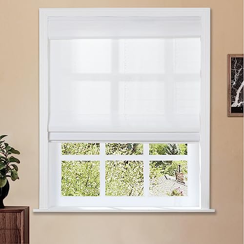 Image of TWOPAGES No Drill Cordless Roman Window Shade Customized Blackout Bamboo Shade Light Filtering Roman Blind for Kitchen Indoor Windows, Mist White, 1 Piece