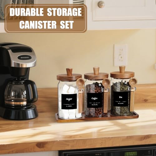 Image of Suclain 3 Pcs Glass Coffee Container Set, 25 oz, Acacia Brown | Coffee Tea Sugar Canister Set, Airtight Jar Food Storage with Wood Spoon Tray Labels, Kitchen Counter Bar Organization