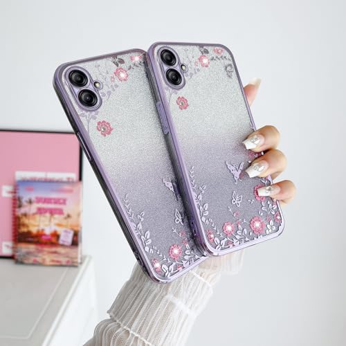 Image of Case for Galaxy A04e,Galaxy A04e Case for Women Gradual Change Glitter Crystal Soft TPU Stylish Butterfly Floral Heart Clear Protective Cover with Strap for Samsung Galaxy A04e (Purple)