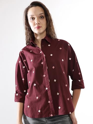 Image of High Star Women Embroidered Oversized Spread Collar Long Sleeves Shirts