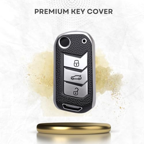 Image of KEYCEPT Mahindra TPU Leather Key Cover Compatible for Marazzo | Thar | Scorpio | TUV | Bolero | XUV 700 3 Button Flip Key Cover (Keychain 1, Silver)